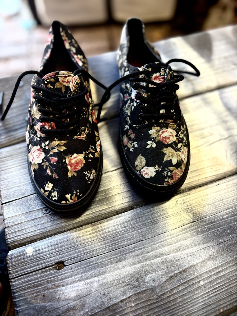 Black floral Vans sneakers with pink, white, and green Womens 7.5